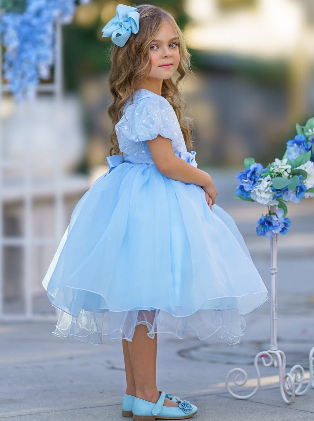 Girls Formal Dresses | Sequin Puff Sleeve Mid Length Formal Dress