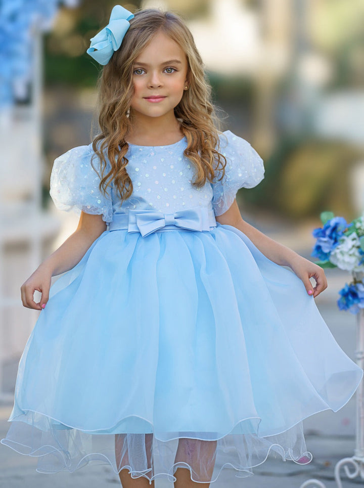 Girls Formal Dresses | Sequin Puff Sleeve Mid Length Formal Dress