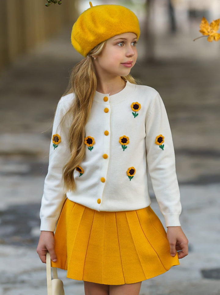 Preppy Chic Clothes | Sunflower Cardigan & Skirt Set | Mia Belle Girls