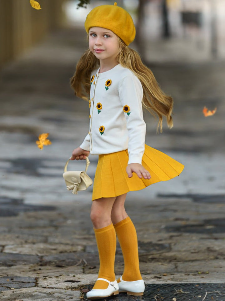 Preppy Chic Clothes | Sunflower Cardigan & Skirt Set | Mia Belle Girls