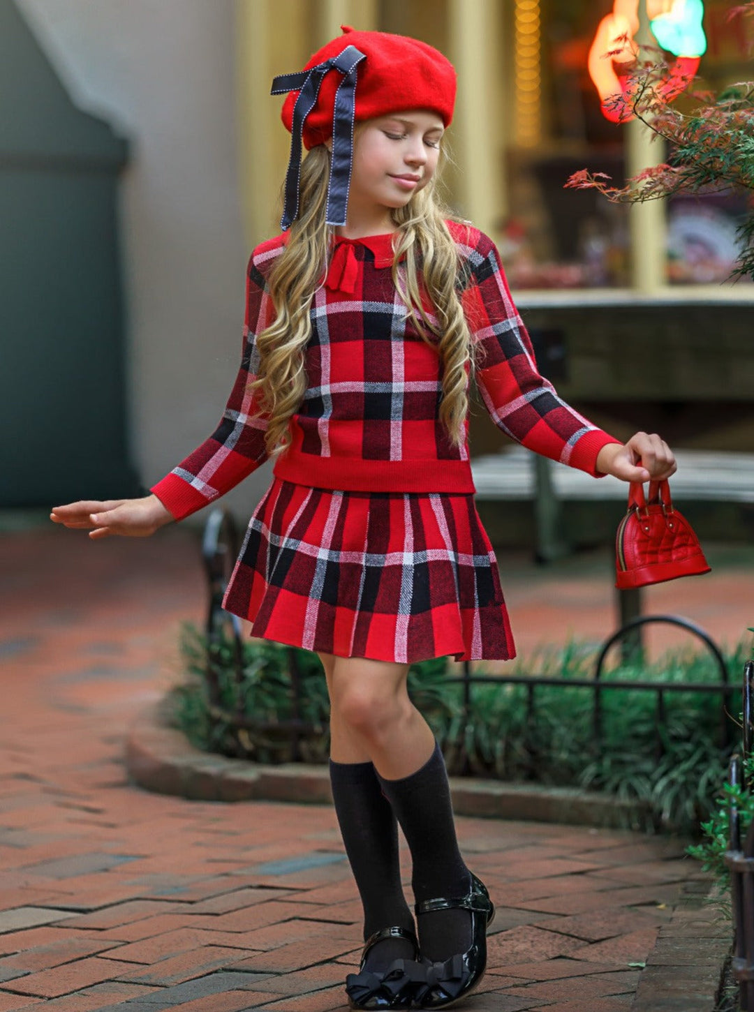 Preppy Chic Clothes | Red Plaid Sweater & Skirt Set | Mia Belle Girls