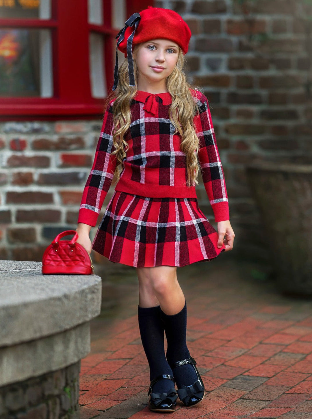 Preppy Chic Clothes | Red Plaid Sweater & Skirt Set | Mia Belle Girls