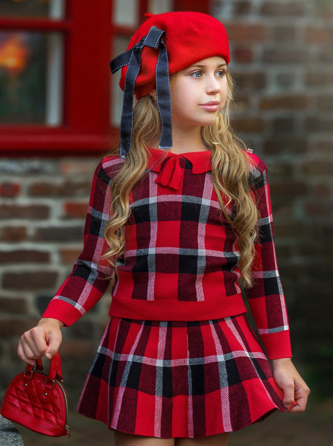 Preppy Chic Clothes | Red Plaid Sweater & Skirt Set | Mia Belle Girls