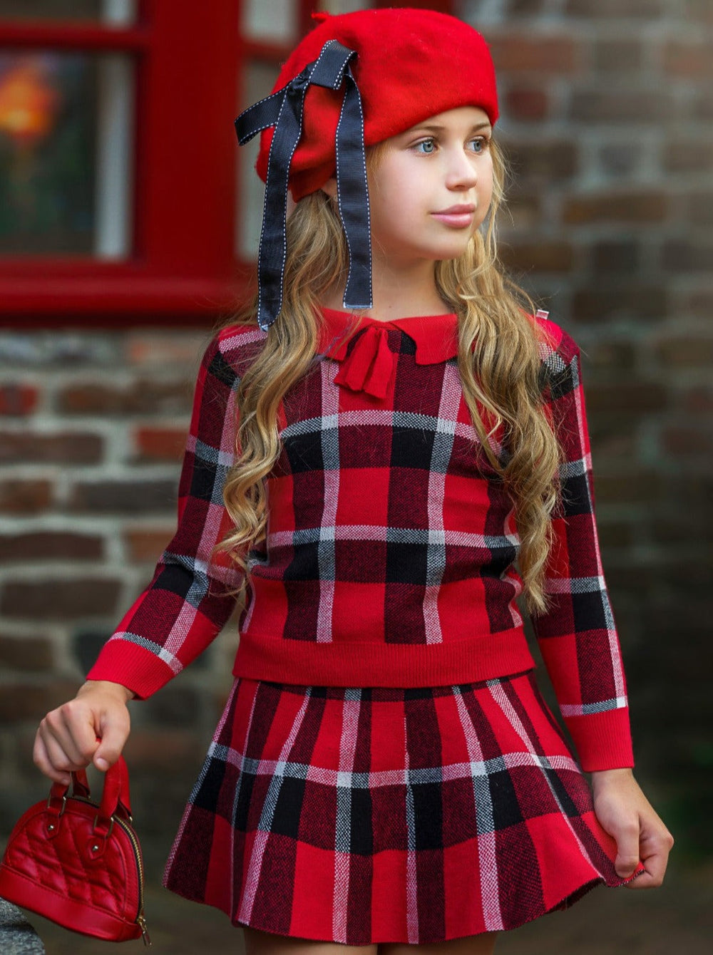 Preppy Chic Outfits | Plaid Sweater & Skirt Set | Mia Belle Girls