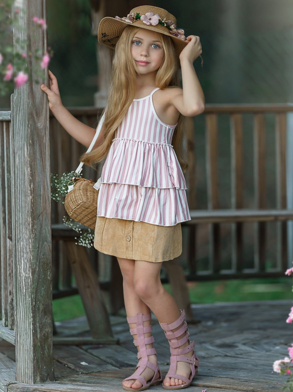 Toddler Spring Outfits | Girls Tiered Striped Tunic & Button Skirt Set