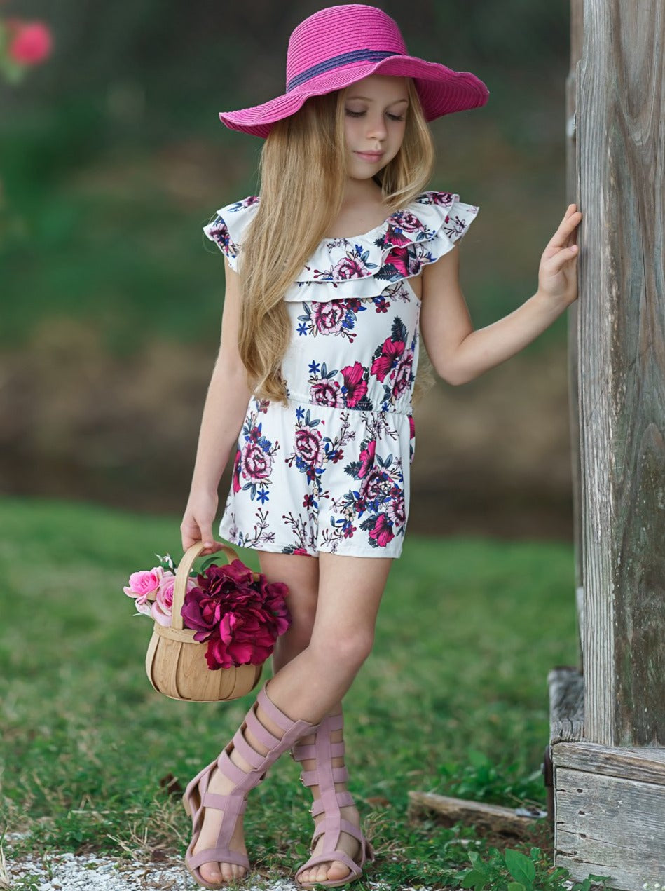 Toddler Spring Outfits | Little Girls Ruffle Bib Floral Rose Romper