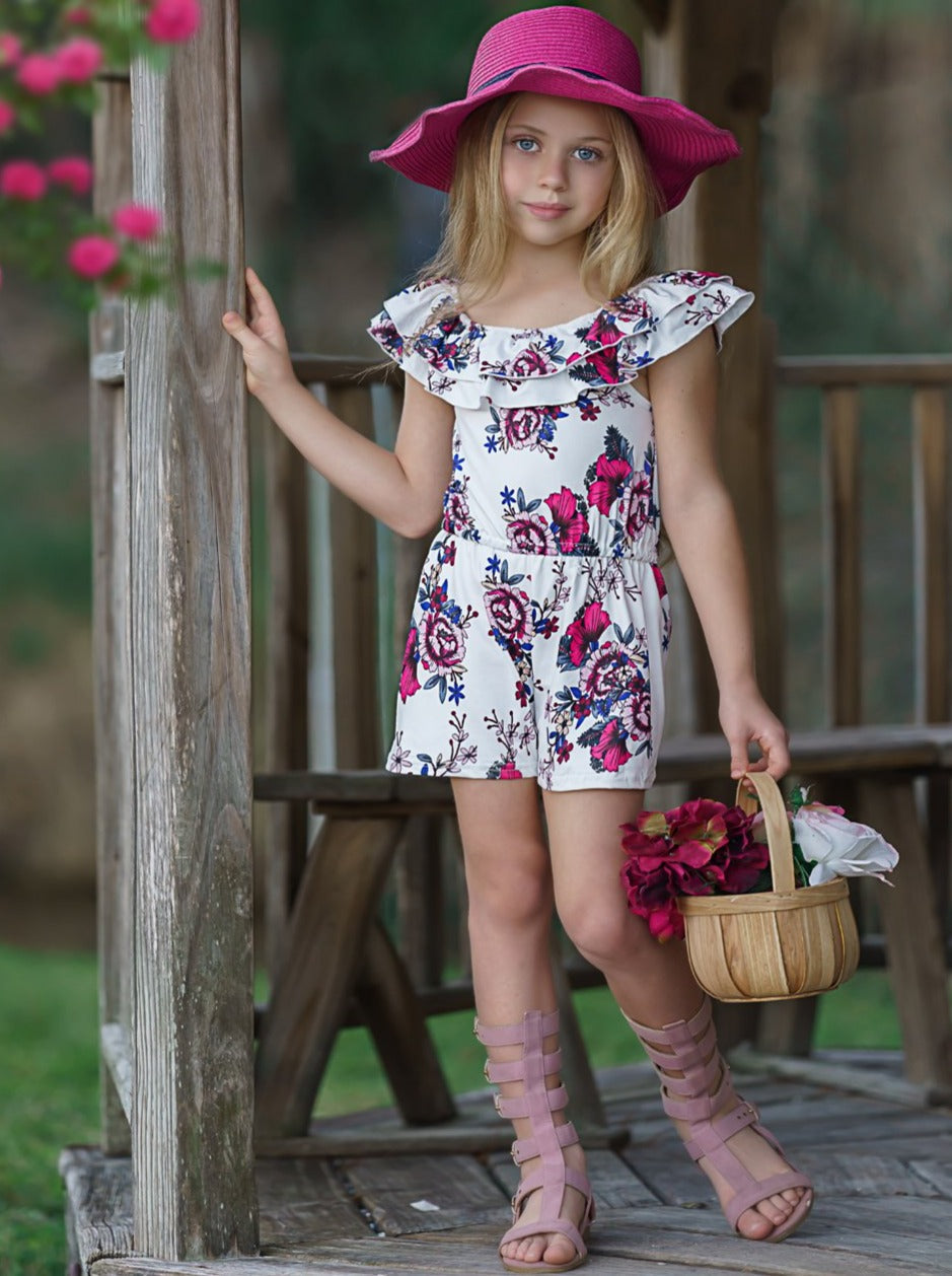 Toddler Spring Outfits | Little Girls Ruffle Bib Floral Rose Romper