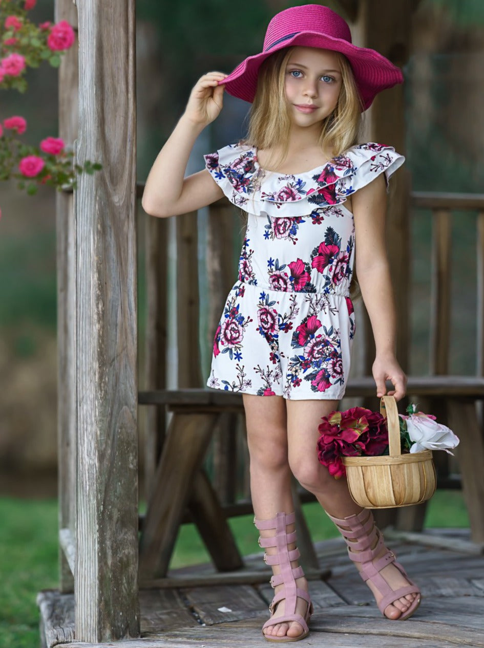 Toddler Spring Outfits | Little Girls Ruffle Bib Floral Rose Romper