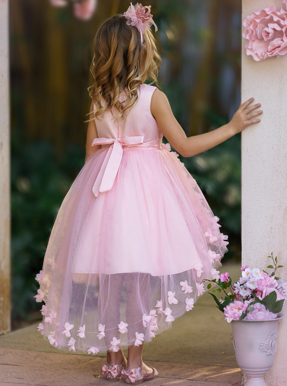 Girls Formal Dresses | Pink Embroidered Bodice Floral Hi-Lo Dress