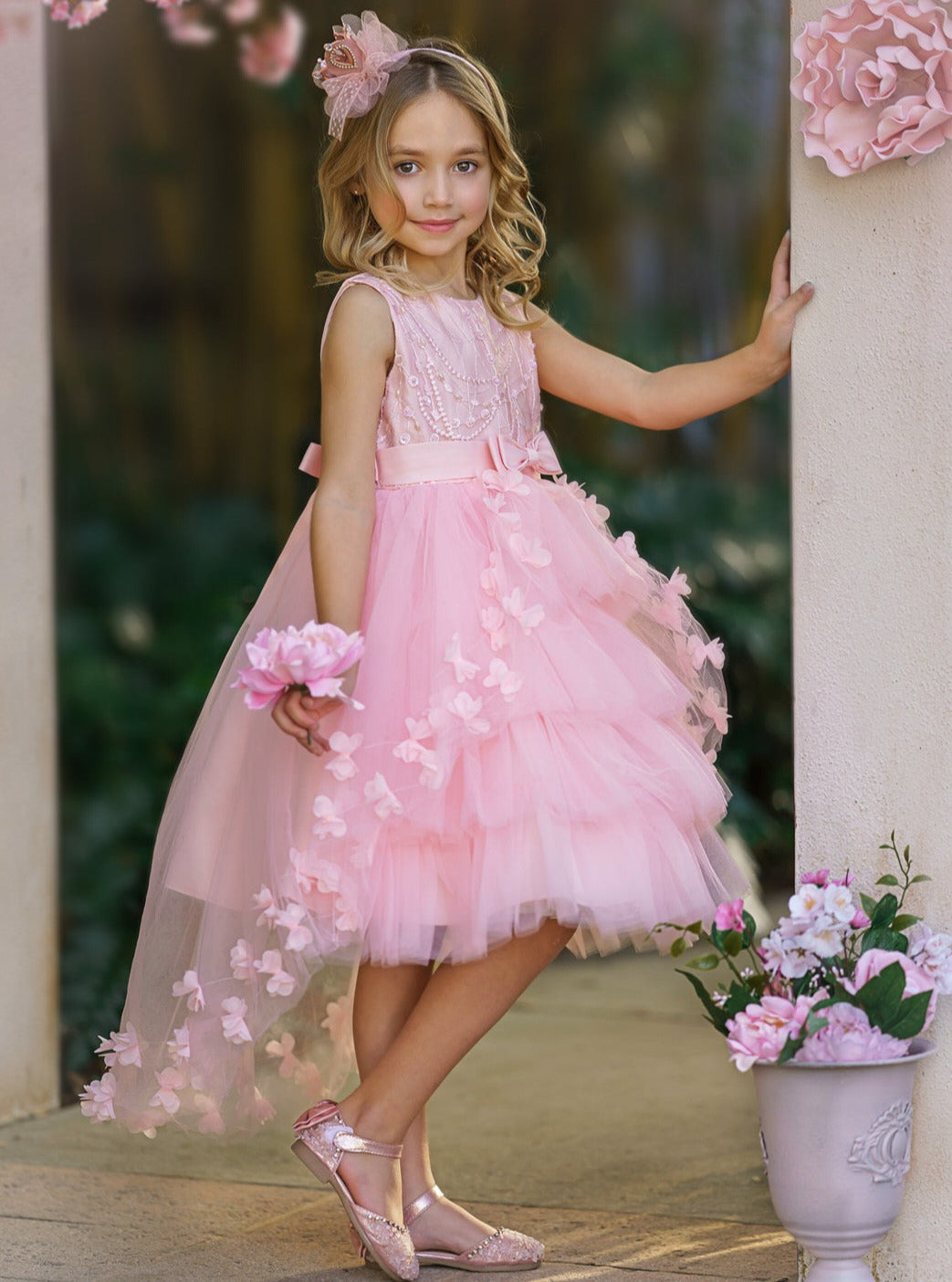 Girls Formal Dresses | Pink Embroidered Bodice Floral Hi-Lo Dress