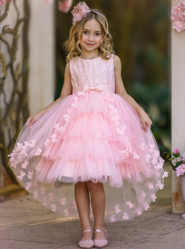 Girls Formal Dresses | Pink Embroidered Bodice Floral Hi-Lo Dress