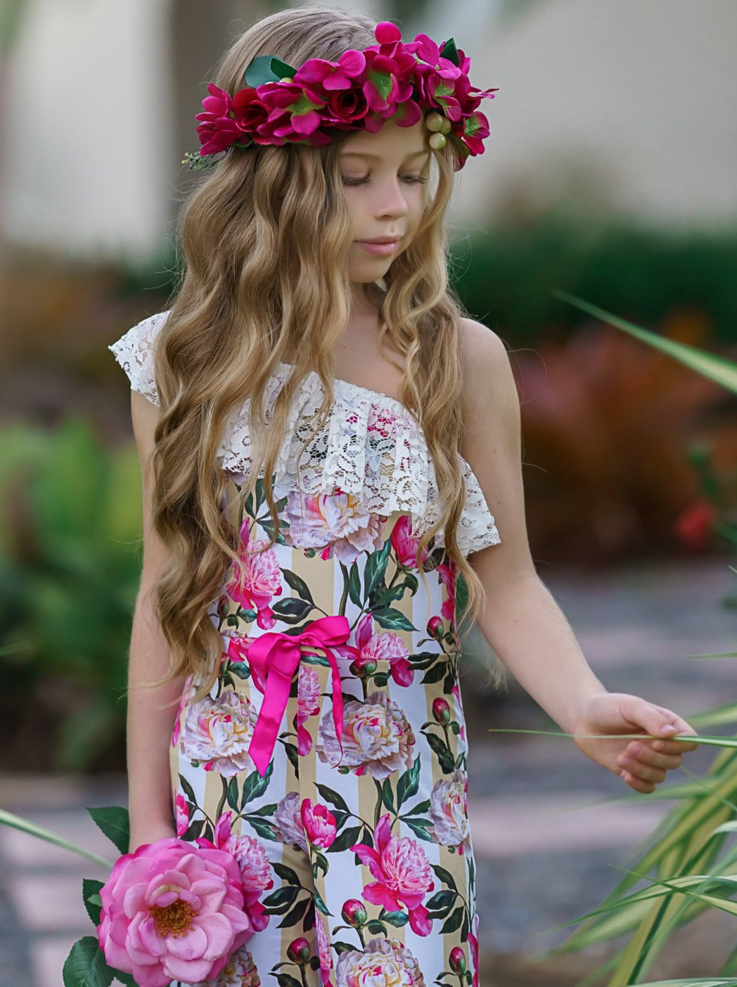 Toddler Spring Outfits | Girls Lace Bib One Shoulder Palazzo Jumpsuit