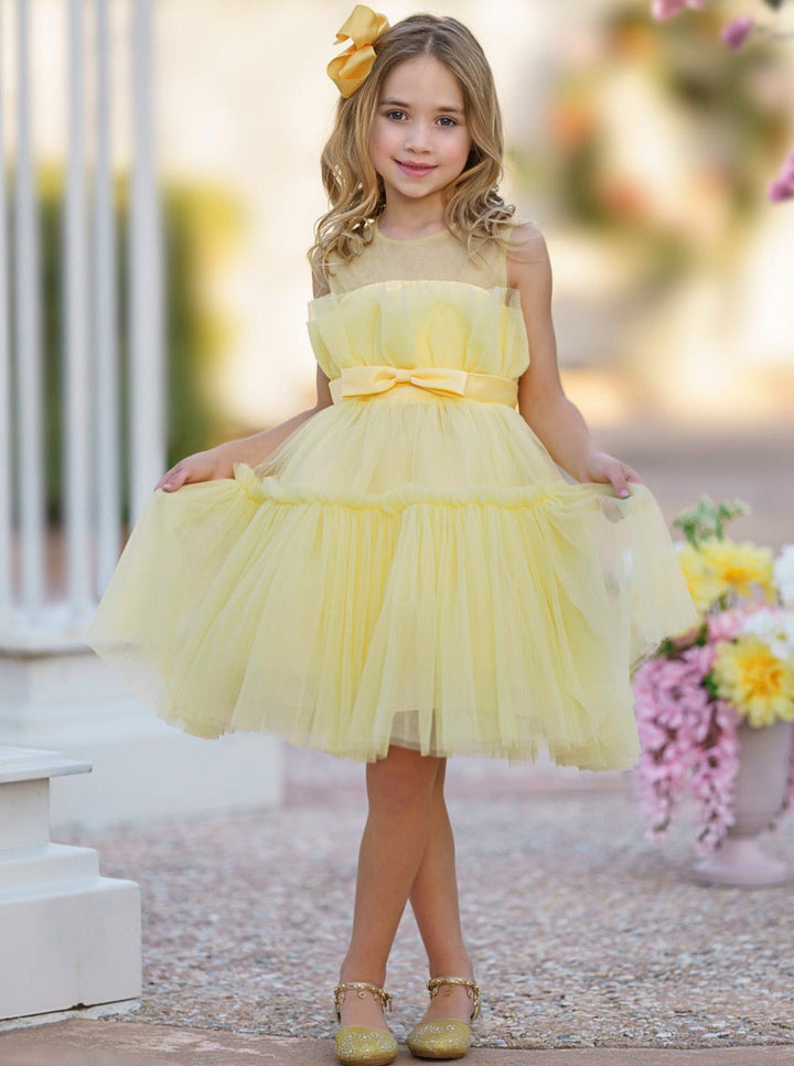 Little Girls Formal Dresses | Yellow Ruffle Tulle Belted Party Dress