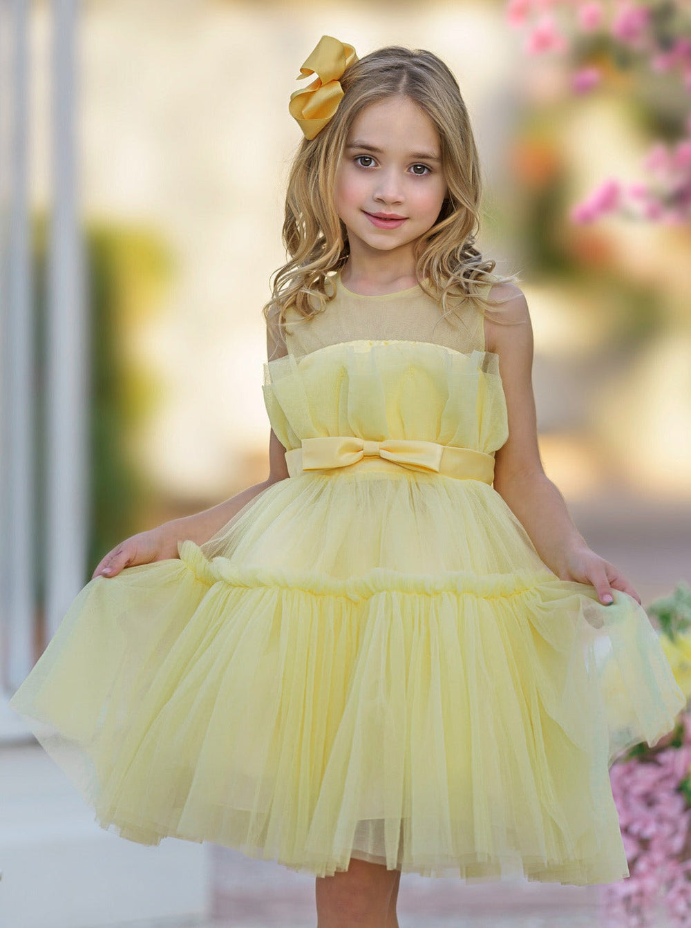 Little Girls Formal Dresses | Yellow Ruffle Tulle Belted Party Dress