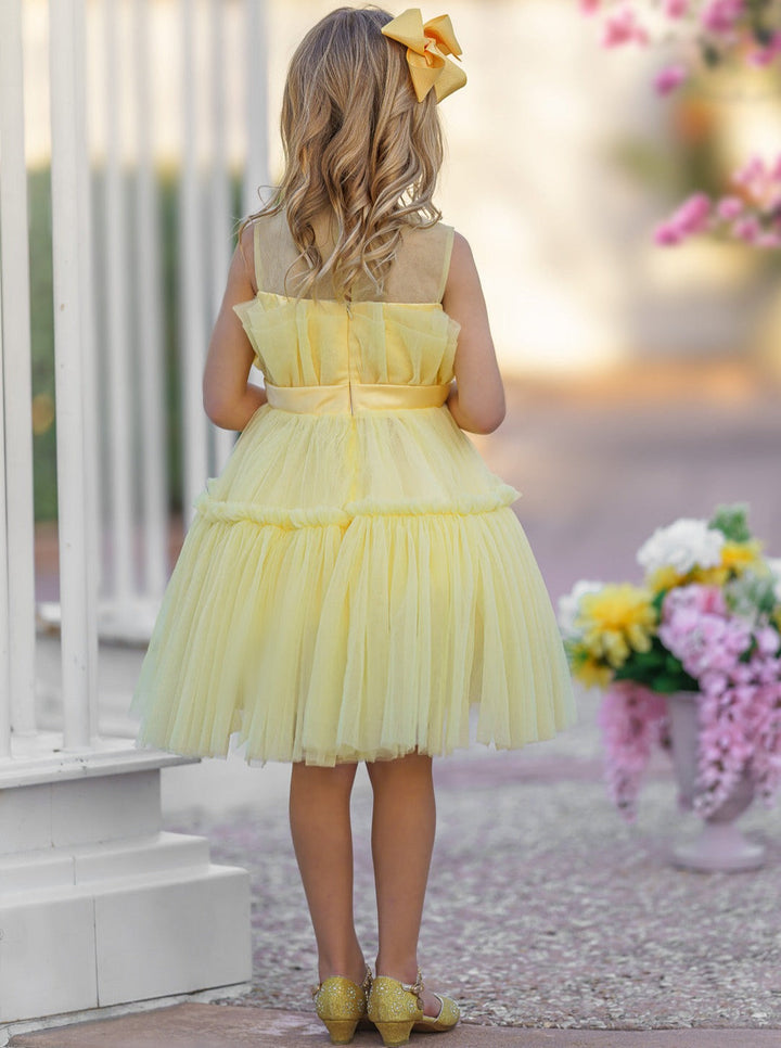 Little Girls Formal Dresses | Yellow Ruffle Tulle Belted Party Dress