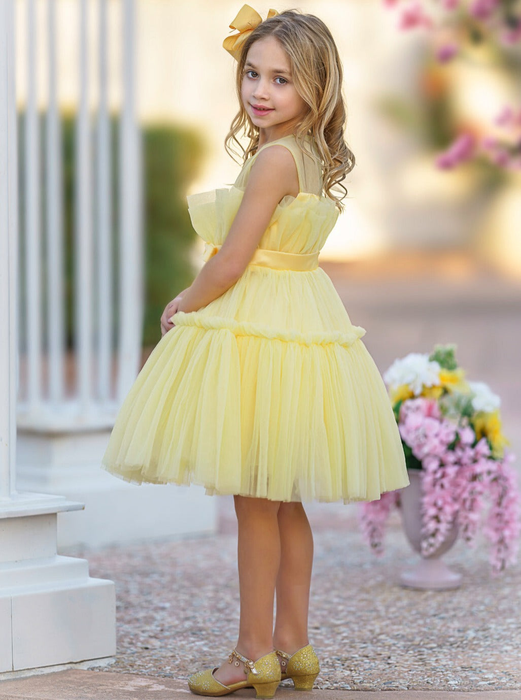 Little Girls Formal Dresses | Yellow Ruffle Tulle Belted Party Dress