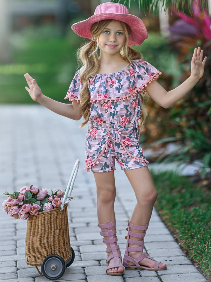 Resort Ready Girls Outfits | Pom Pom Ruffle Top & Overlay Shorts Set