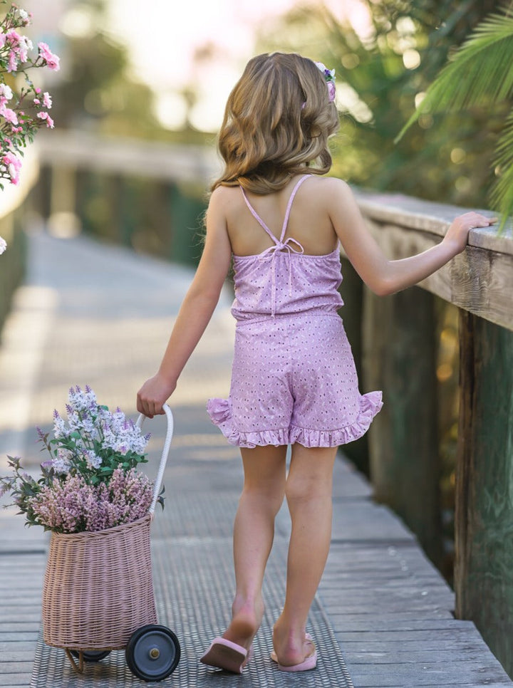 Girls Spring Outfits | Eyelet Halter Drawstring Ruffled Hem Romper