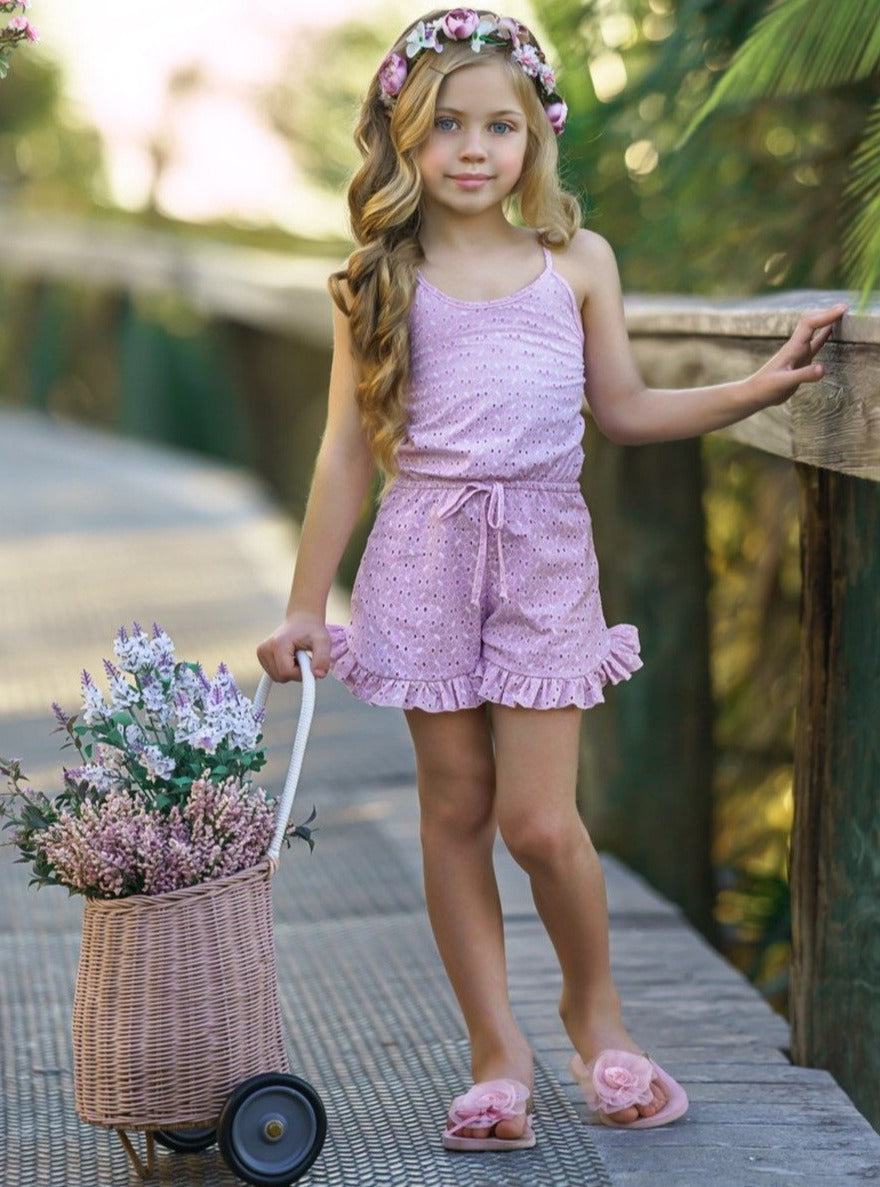 Girls Spring Outfits | Eyelet Halter Drawstring Ruffled Hem Romper