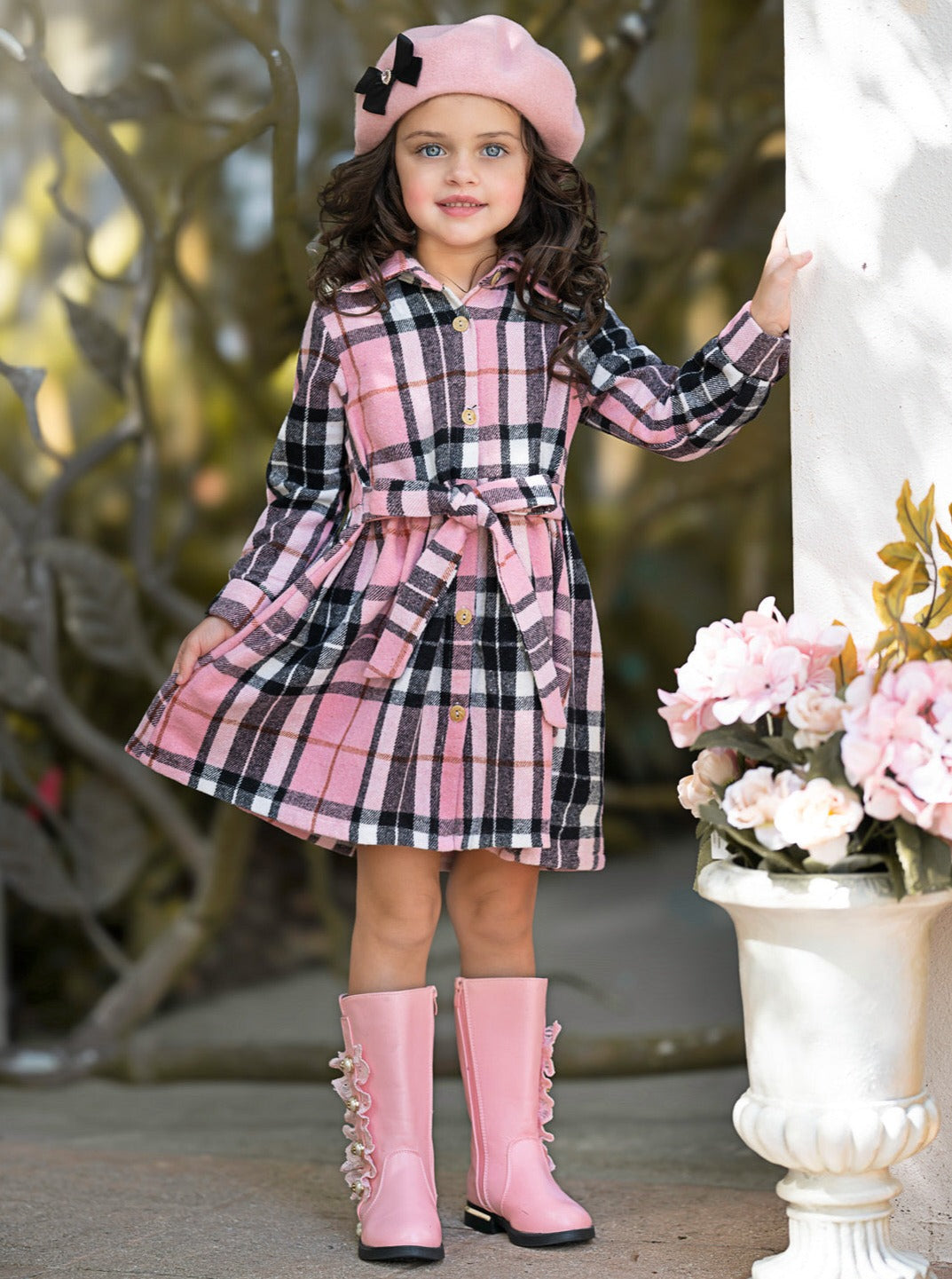 Pink Plaid Long Sleeve Shirt Dress