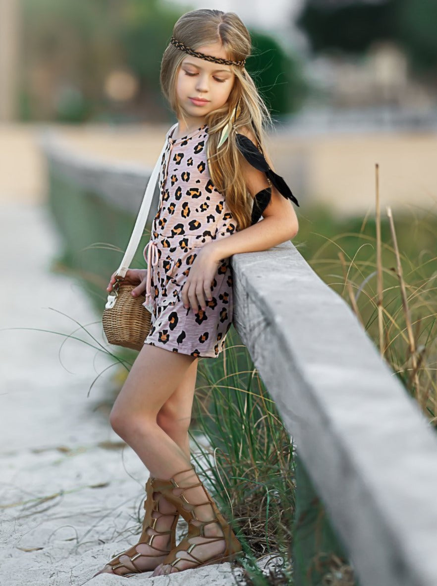 Toddler Spring Outfits | Little Girls Leopard Print Drawstring Romper