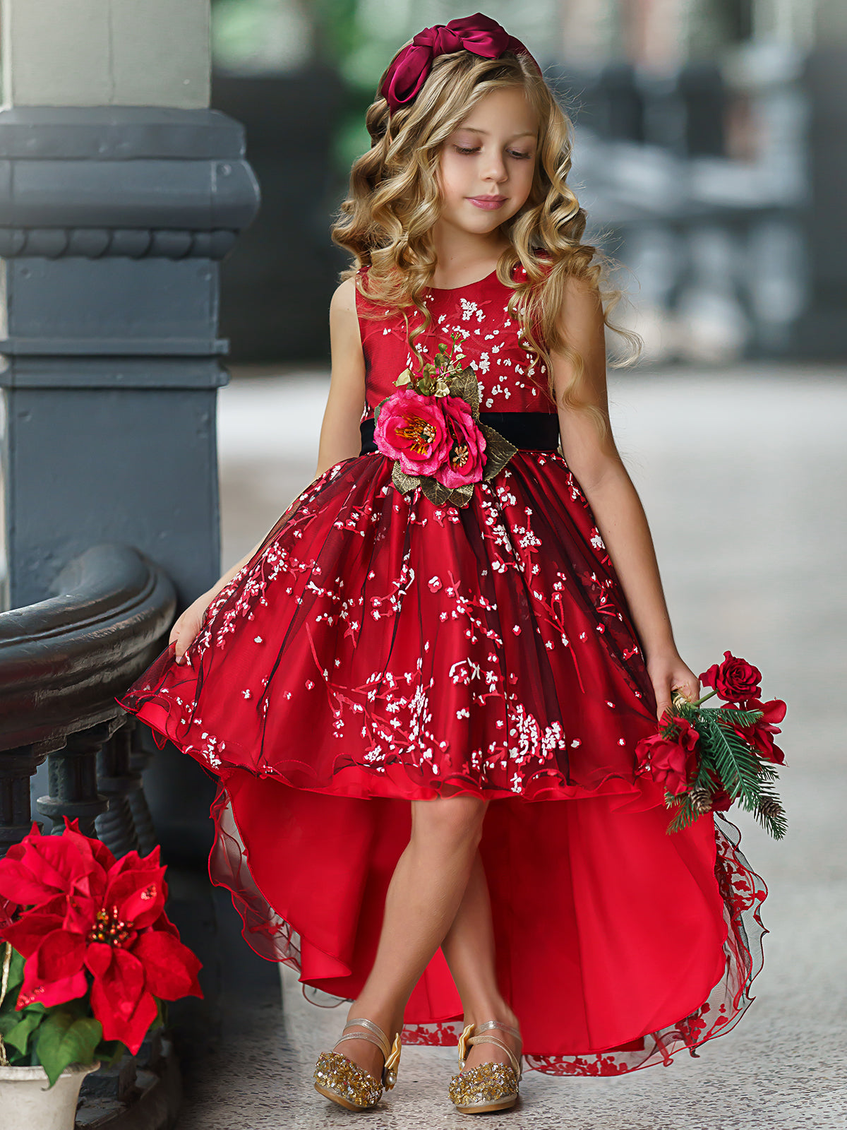 Mia Belle Girls S Winter Cherry Blossom Hi Lo Holiday Dress Red 7Y