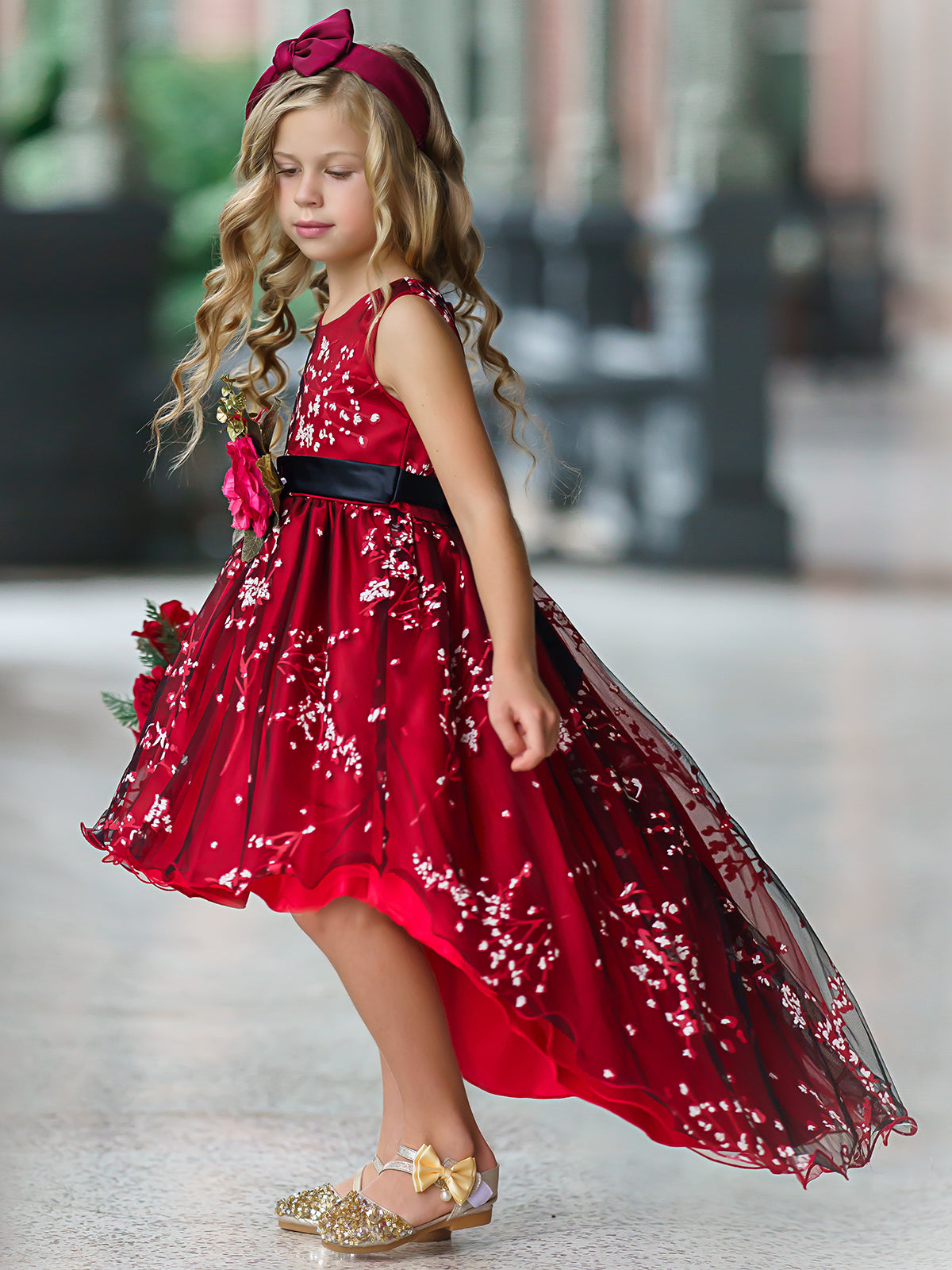 Mia Belle Girls S Winter Cherry Blossom Hi Lo Holiday Dress Red 7Y