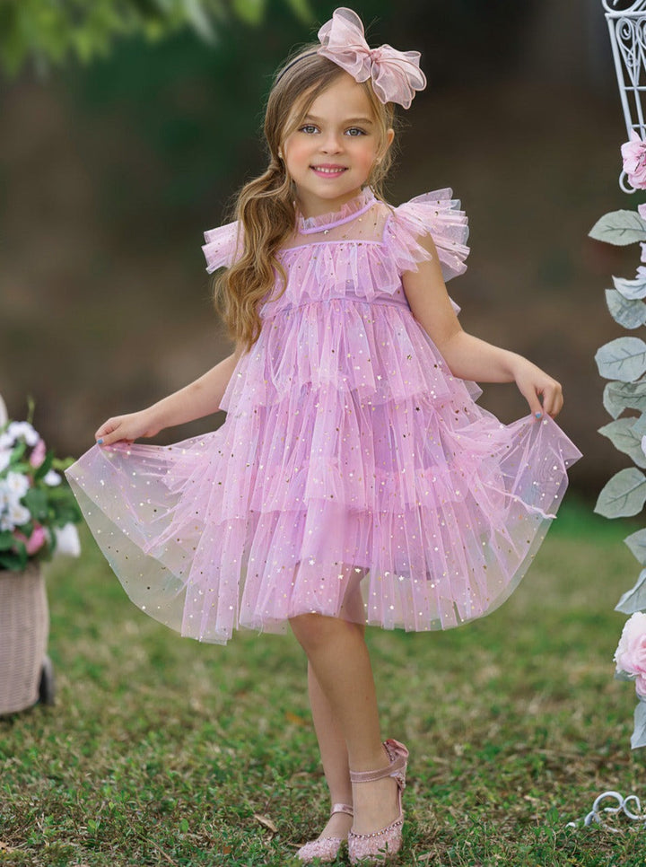 Mia Belle Girls Sequined Pink Tiered Tulle Dress | Girls Dresses