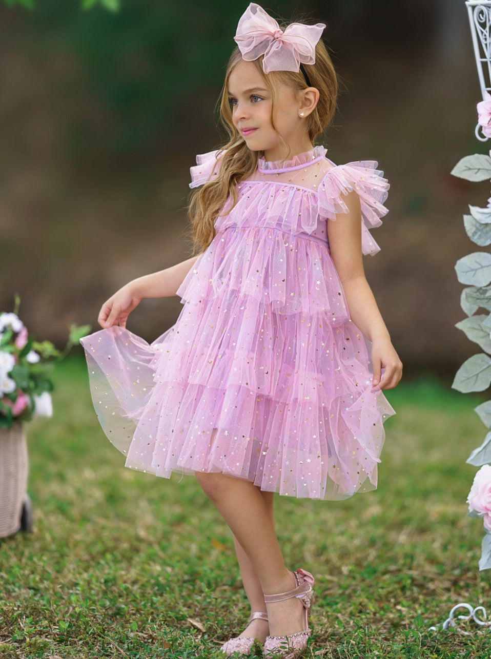 Mia Belle Girls Sequined Pink Tiered Tulle Dress | Girls Dresses