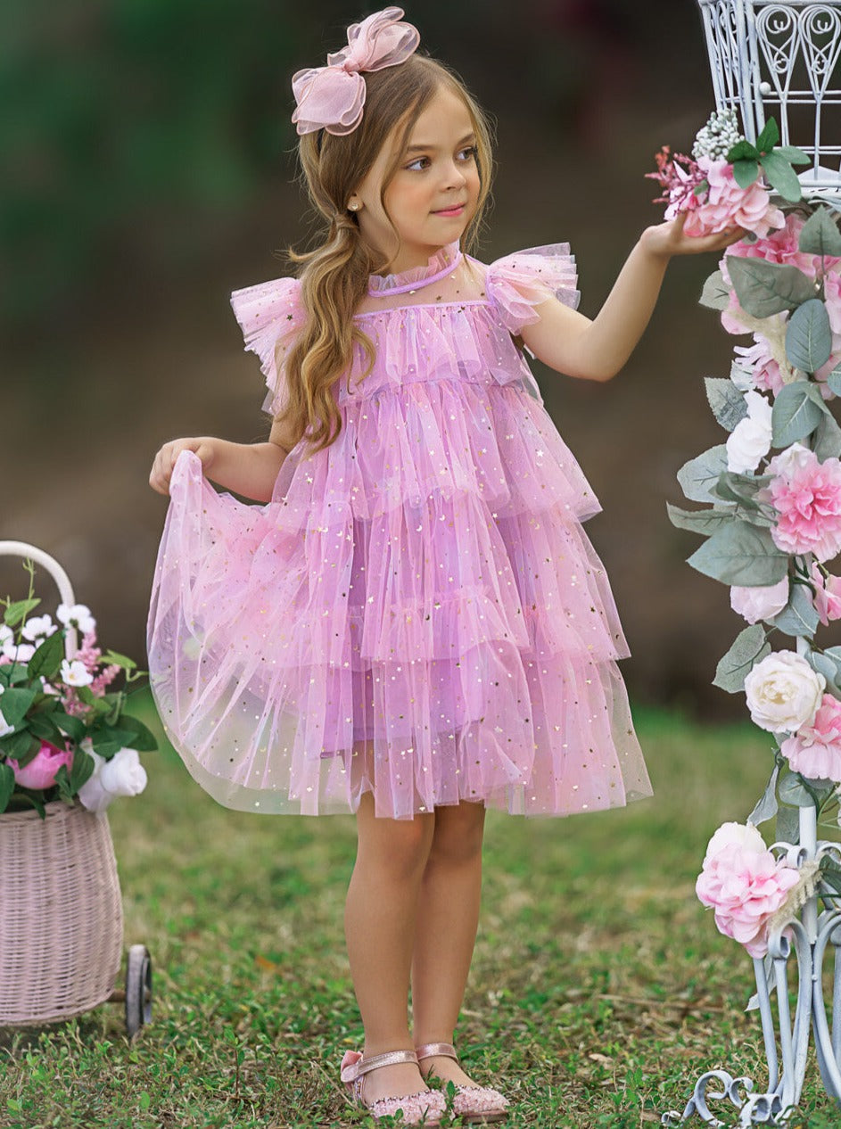 Mia Belle Girls Sequined Pink Tiered Tulle Dress | Girls Dresses