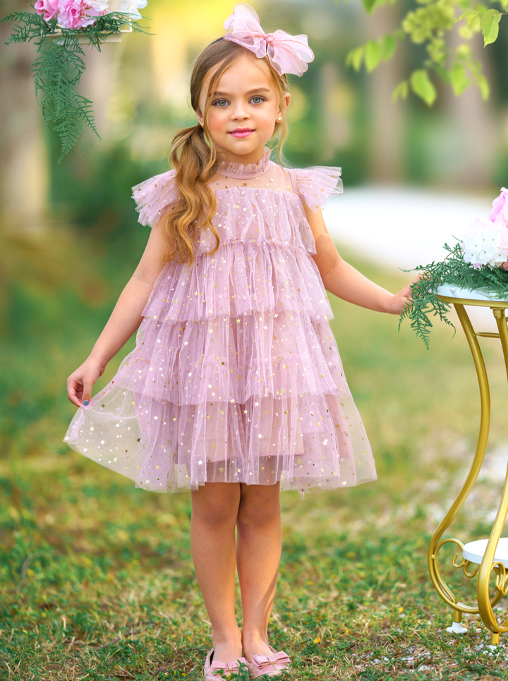 Mia Belle Girls Light Pink Sequin Tiered Tulle Dress | Girls Dresses