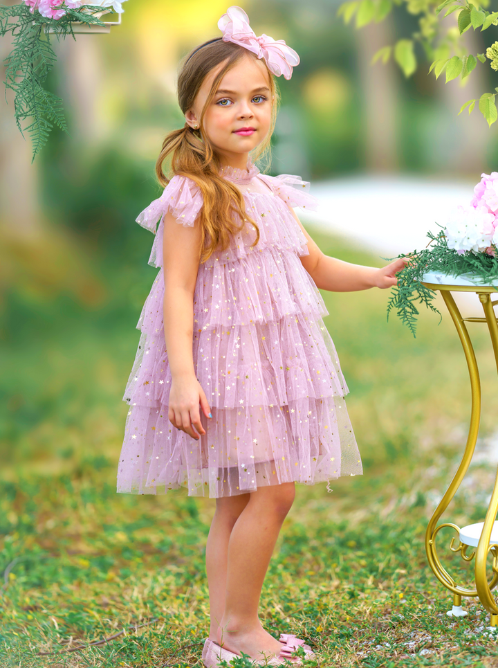 Mia Belle Girls Light Pink Sequin Tiered Tulle Dress | Girls Dresses