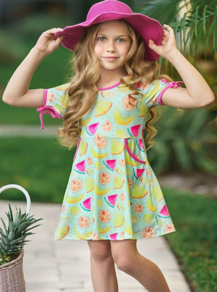 Little Girls Resort Wear | Tropical Fruit Print Capped Sleeve Dress