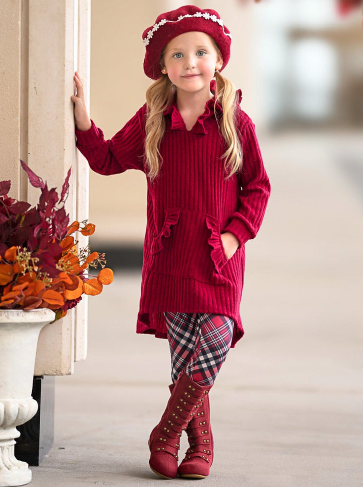 Festliches kariertes Set aus Tunika und Leggings mit Kapuze für Mädchen