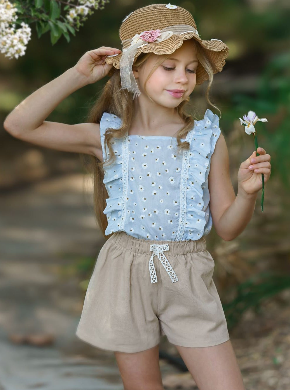 Girls Cute Spring Outfits | Eyelet Ruffle Top & Paperbag Shorts Set