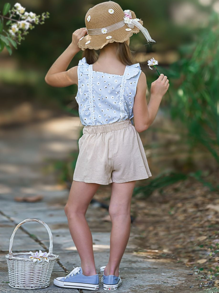 Girls Cute Spring Outfits | Eyelet Ruffle Top & Paperbag Shorts Set