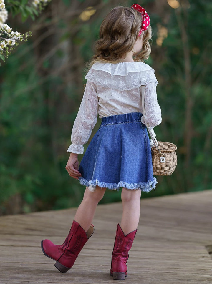 Girls Long Sleeved Collared Top and Denim Skirt Set White 2T-10Y