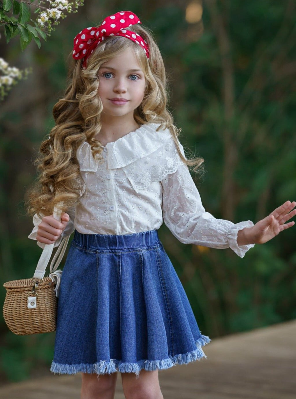 Girls Long Sleeved Collared Top and Denim Skirt Set White 2T-10Y