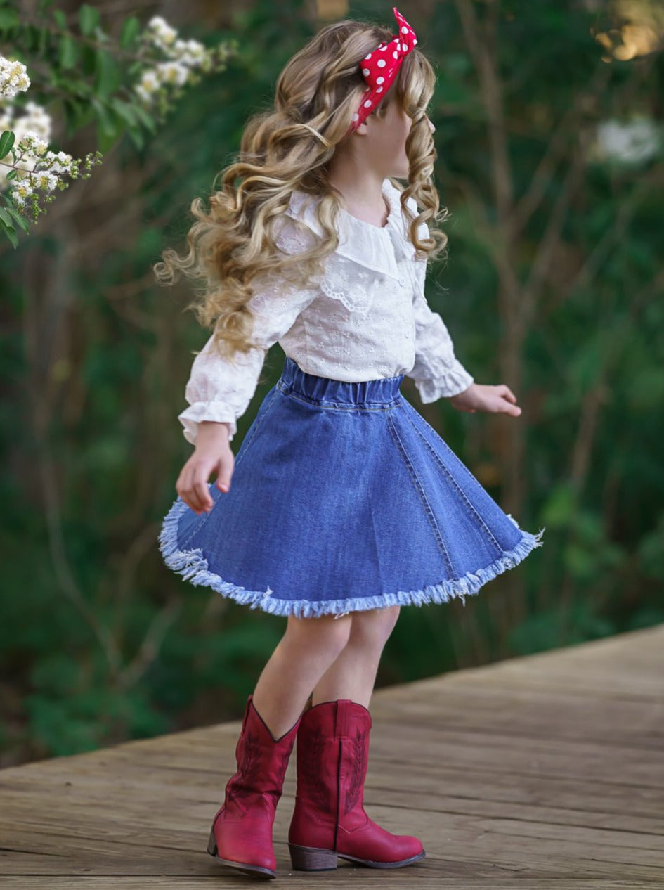 Girls Long Sleeved Collared Top and Denim Skirt Set White 2T-10Y