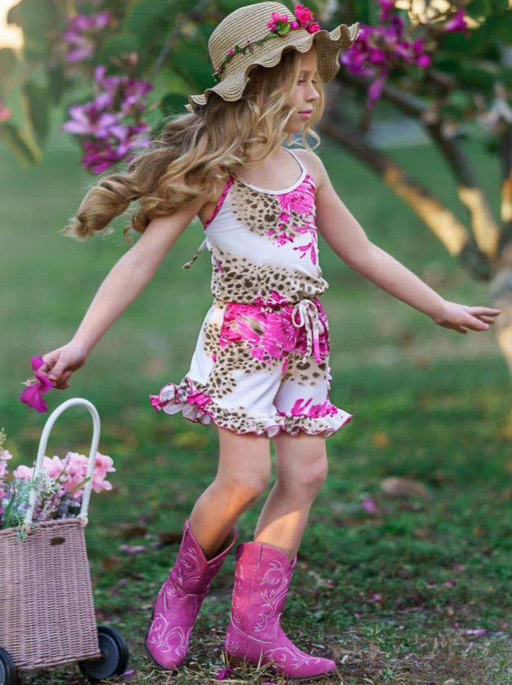 Toddler Spring Clothes | Leopard Floral Drawstring Ruffled Hem Romper