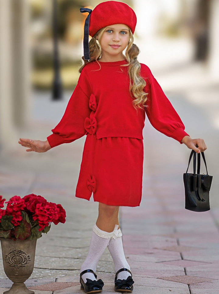 Preppy Chic Outfit | Red Bowknot Sweater & Skirt Set | Mia Belle Girls