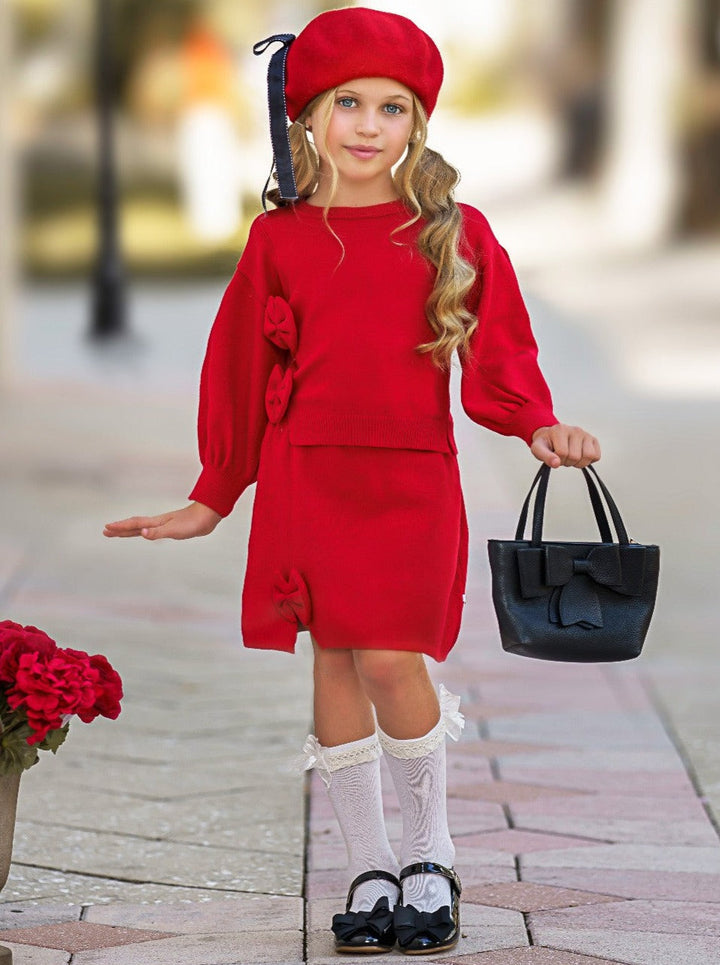 Preppy Chic Outfit | Red Bowknot Sweater & Skirt Set | Mia Belle Girls