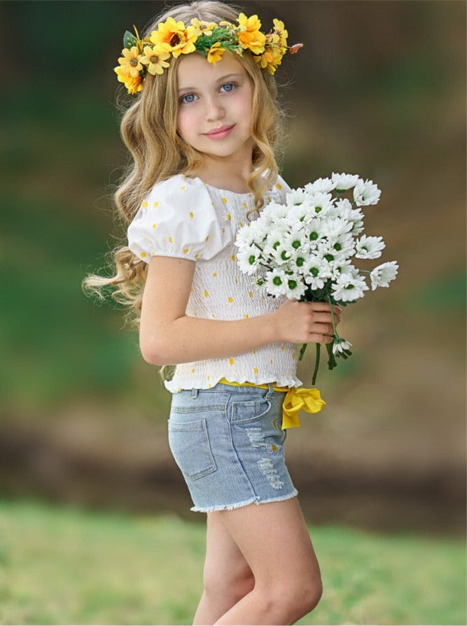 Mia Belle Girls Daisy Smock Top & Denim Shorts Set | Resort Wear