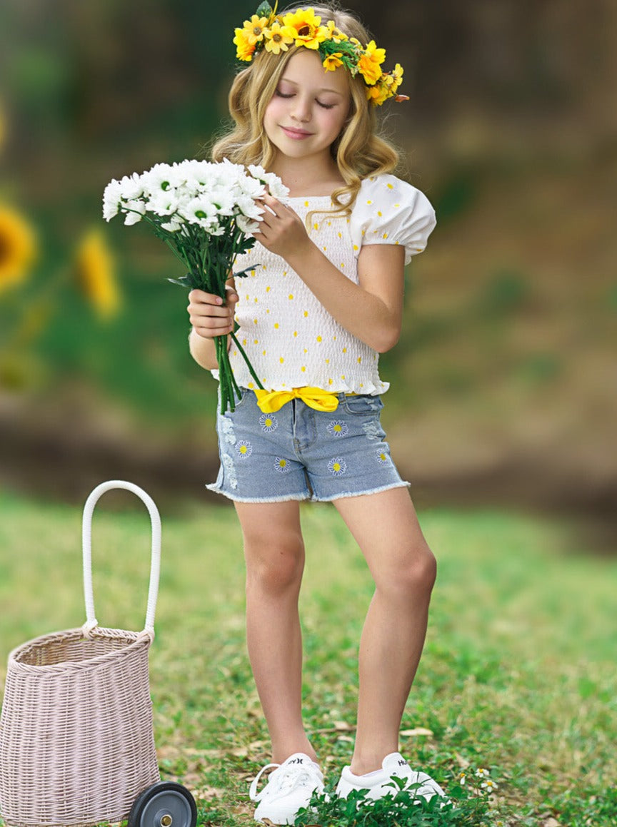 Mia Belle Girls Daisy Smock Top & Denim Shorts Set | Resort Wear