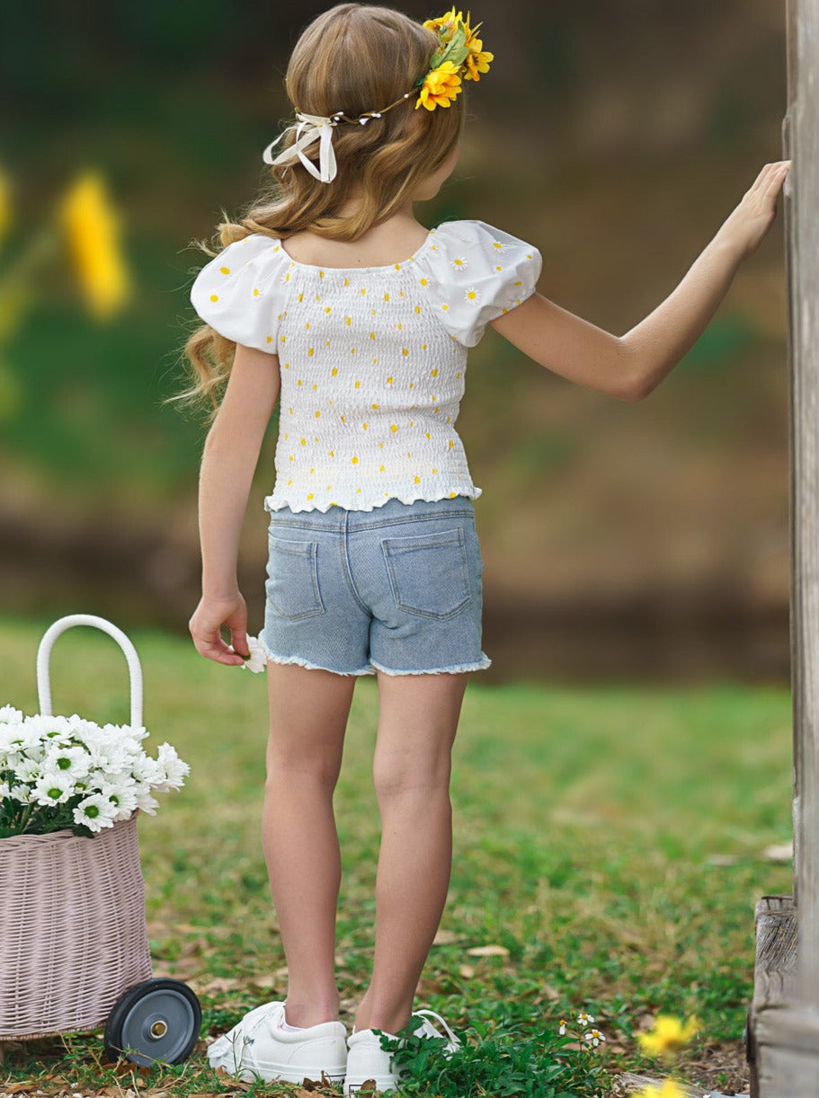 Mia Belle Girls Daisy Smock Top & Denim Shorts Set | Resort Wear