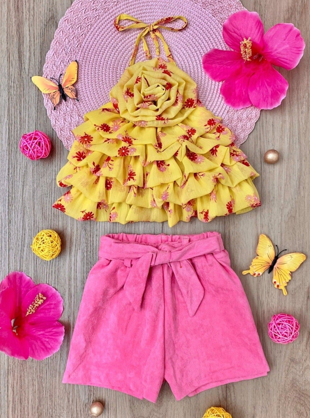 Mia Belle Girls Yellow Rose Tiered Top & Suede Short Set | Resort Wear