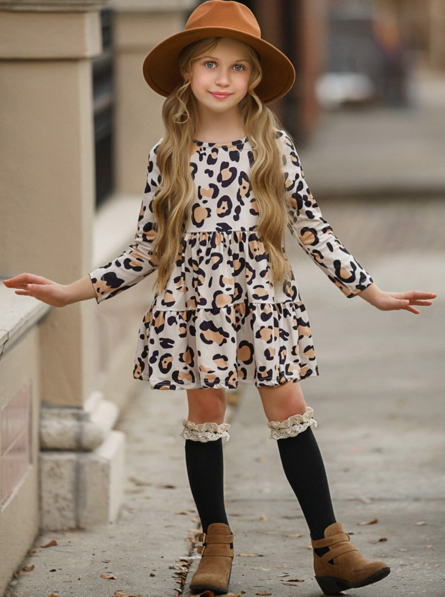 Girls Casual Fall Dresses | Leopard Print Long Sleeve Ruffle Dress 