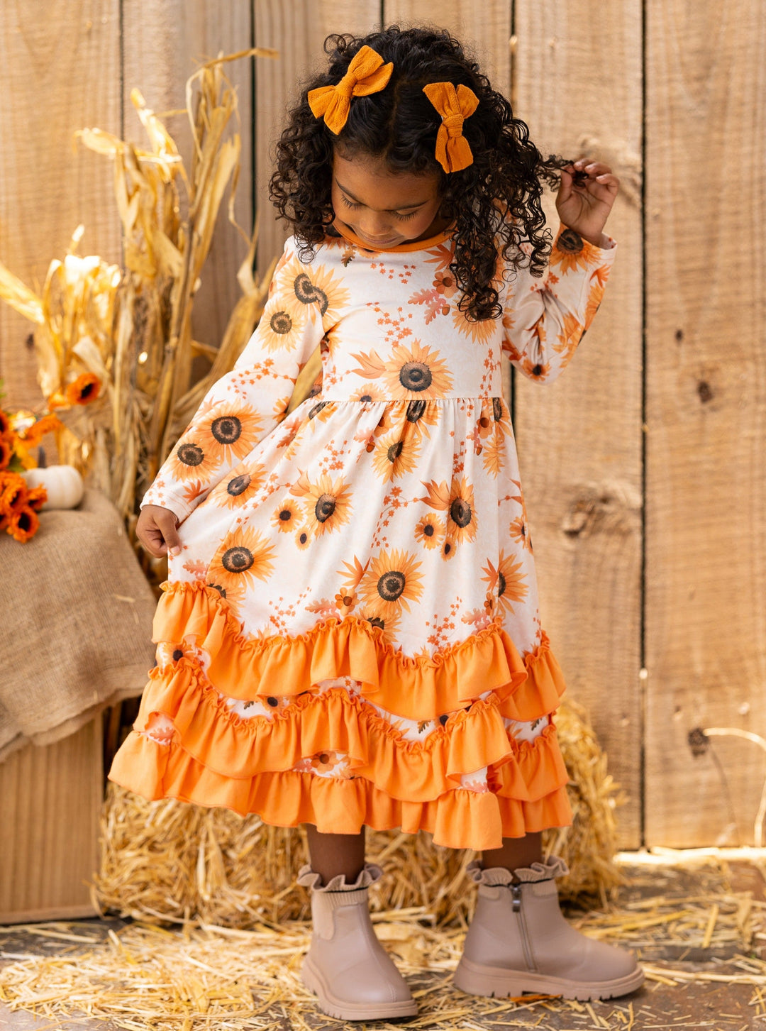 Little Girls Cute Fall Floral Tiered Ruffle Dress - Mia Belle Girls