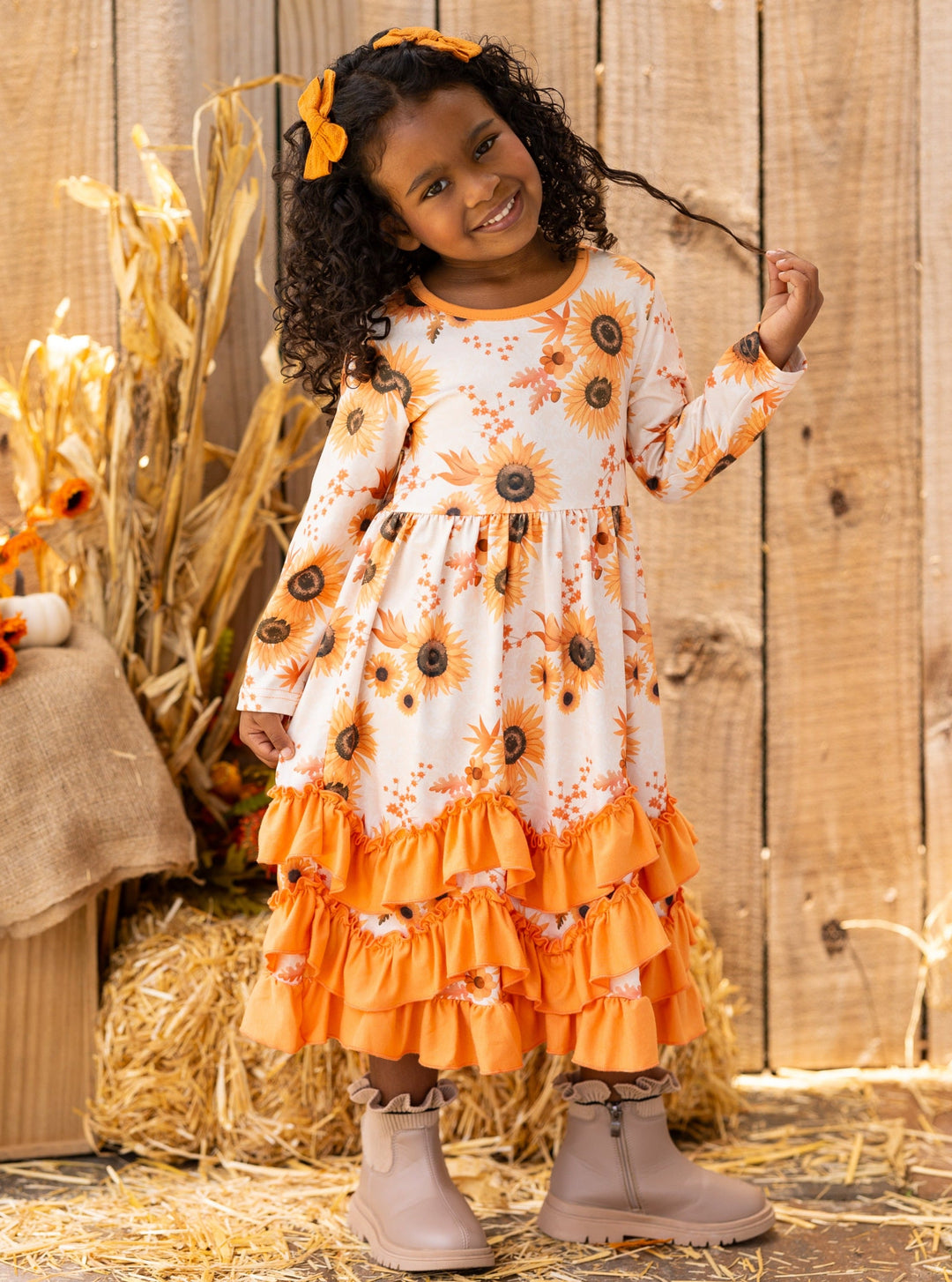 Little Girls Cute Fall Floral Tiered Ruffle Dress - Mia Belle Girls