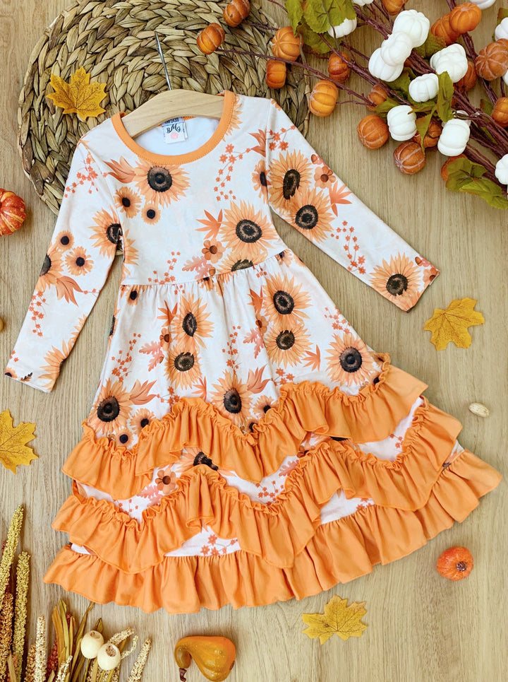 Little Girls Cute Fall Floral Tiered Ruffle Dress - Mia Belle Girls